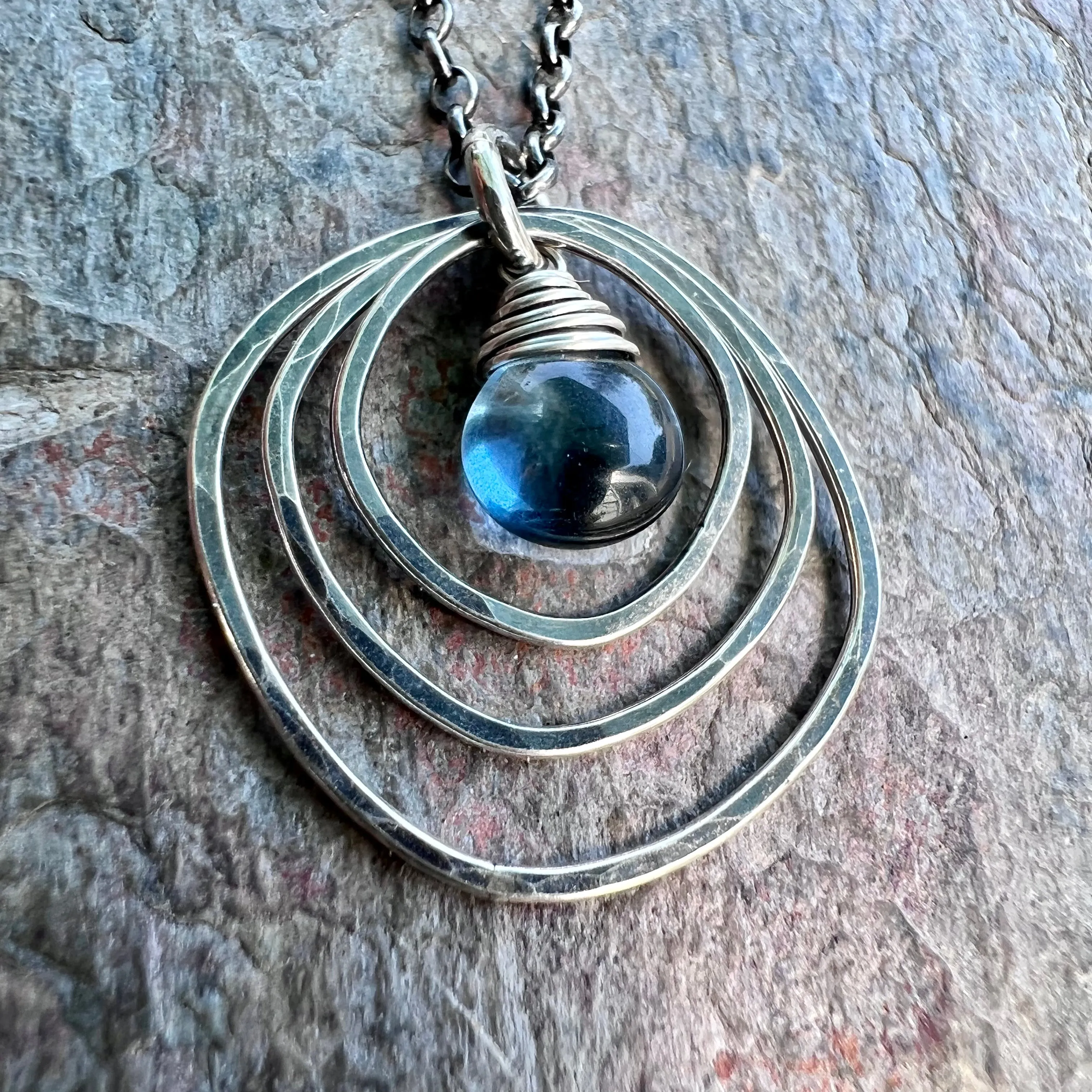 Sterling Silver Quartz Necklace - Blue Hydro Quartz in Hammered Silver Pendant on Sterling Silver Chain