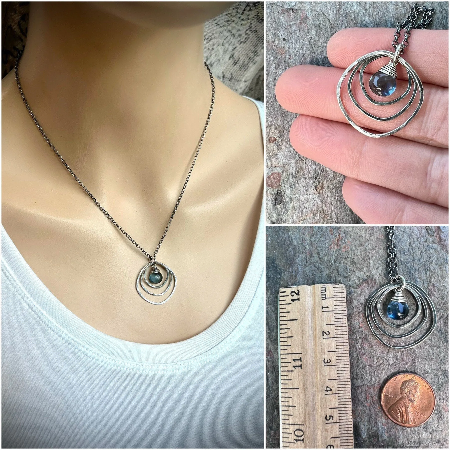 Sterling Silver Quartz Necklace - Blue Hydro Quartz in Hammered Silver Pendant on Sterling Silver Chain