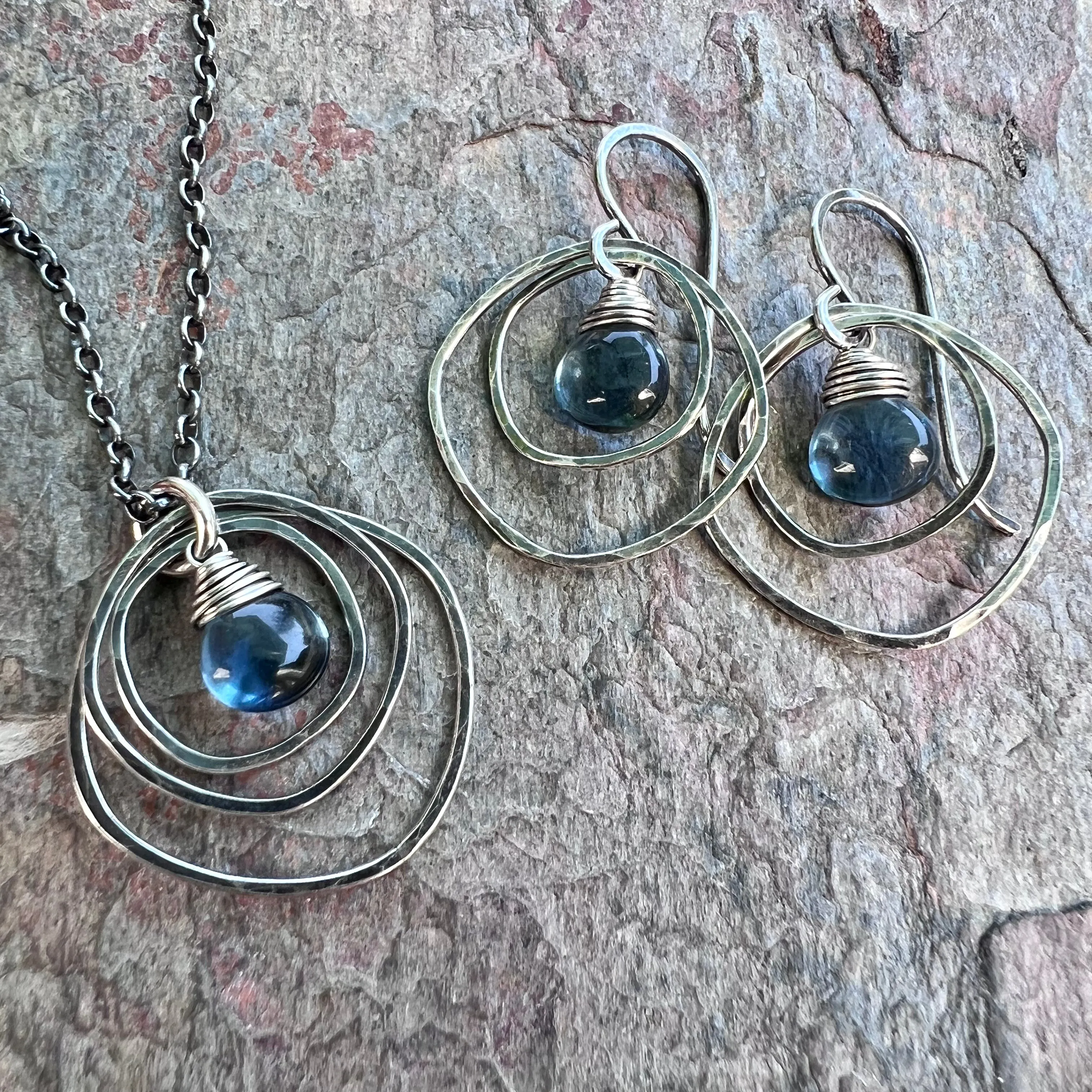 Sterling Silver Quartz Necklace - Blue Hydro Quartz in Hammered Silver Pendant on Sterling Silver Chain