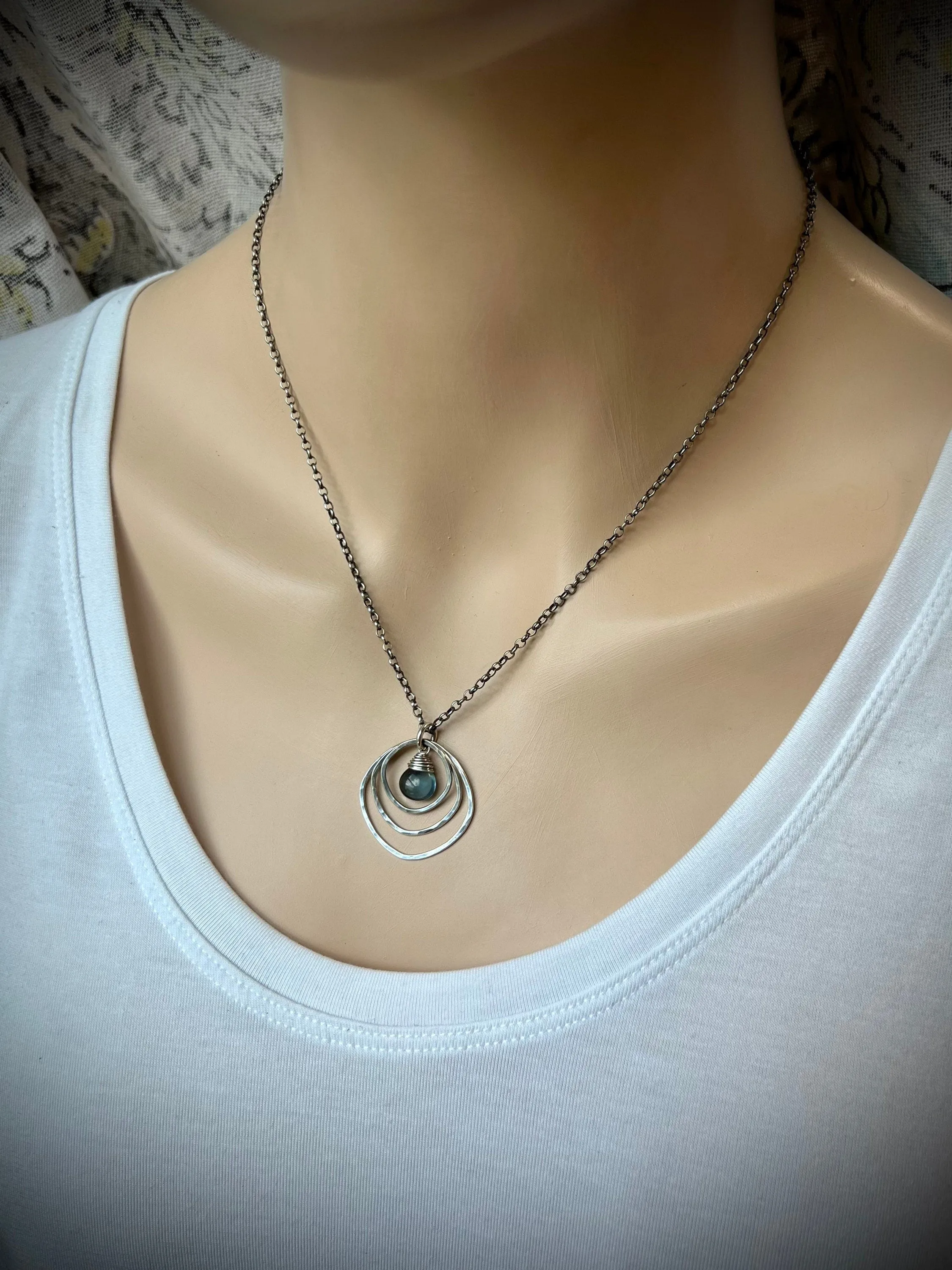 Sterling Silver Quartz Necklace - Blue Hydro Quartz in Hammered Silver Pendant on Sterling Silver Chain