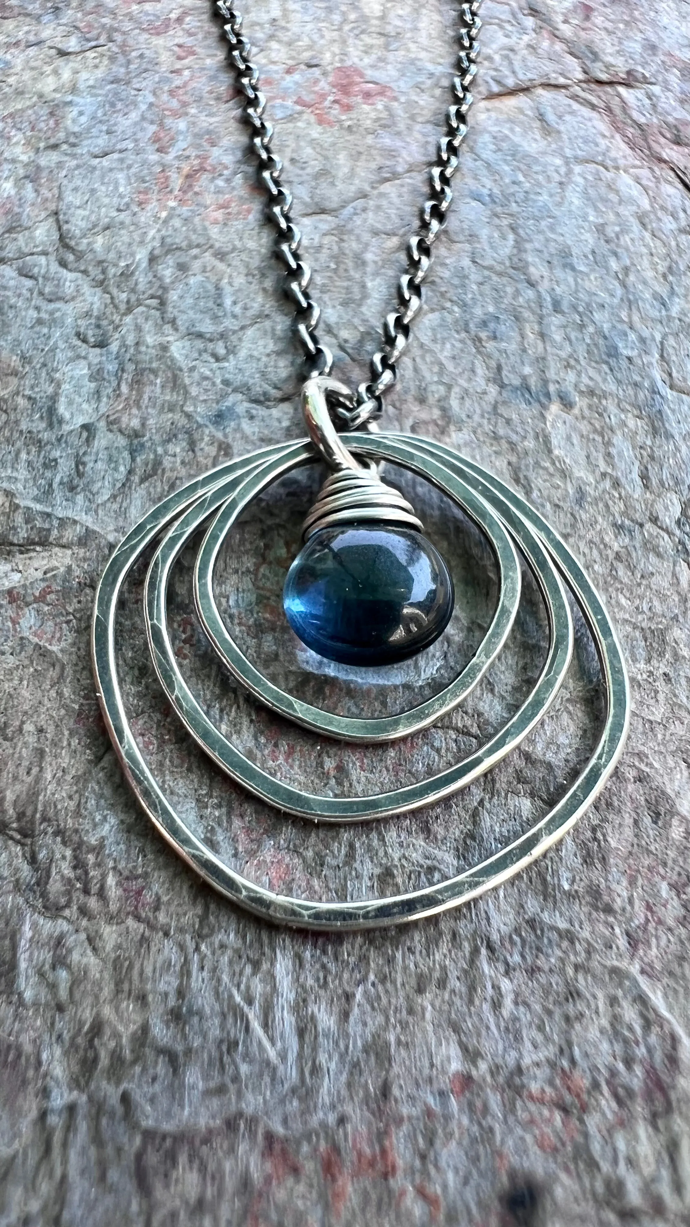 Sterling Silver Quartz Necklace - Blue Hydro Quartz in Hammered Silver Pendant on Sterling Silver Chain