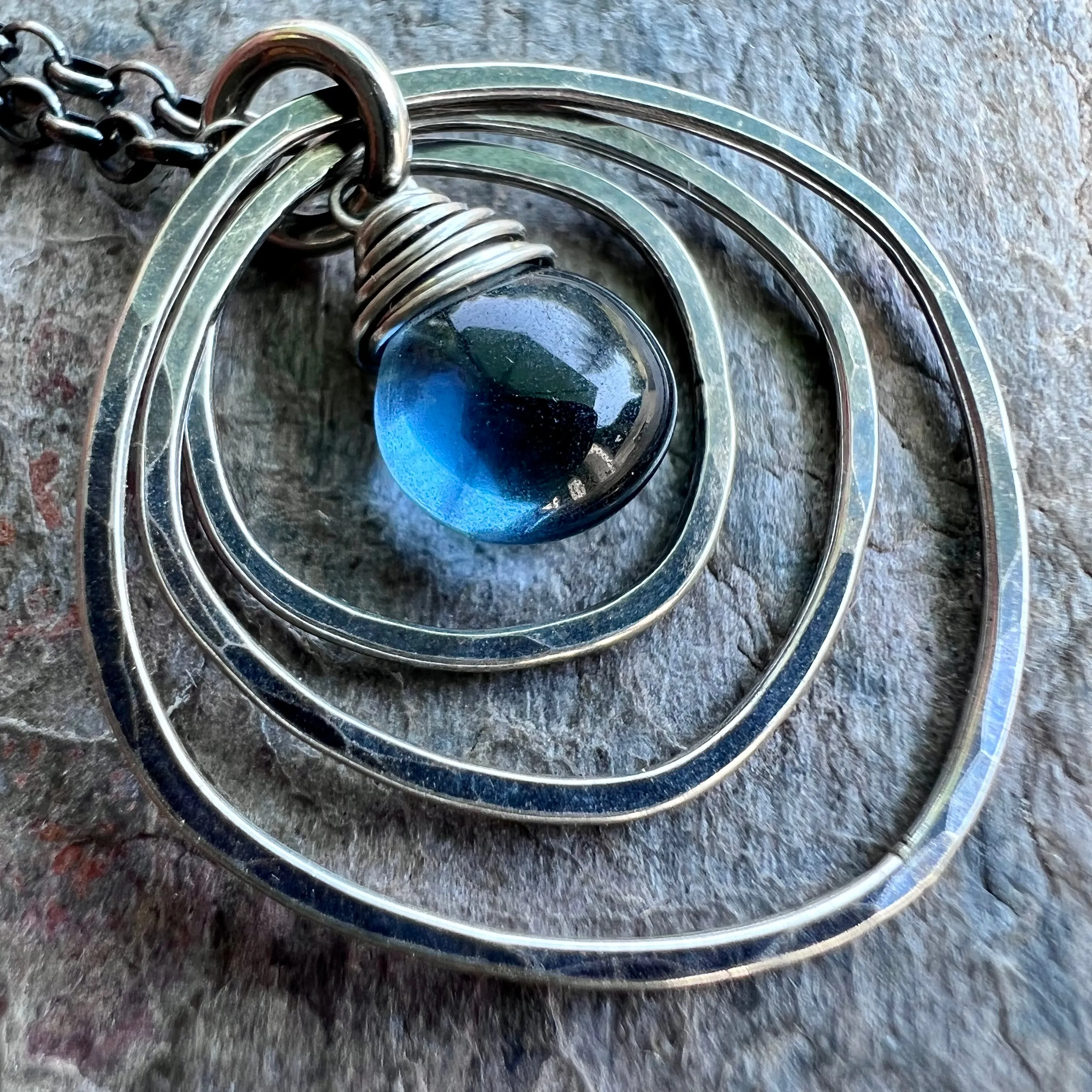 Sterling Silver Quartz Necklace - Blue Hydro Quartz in Hammered Silver Pendant on Sterling Silver Chain