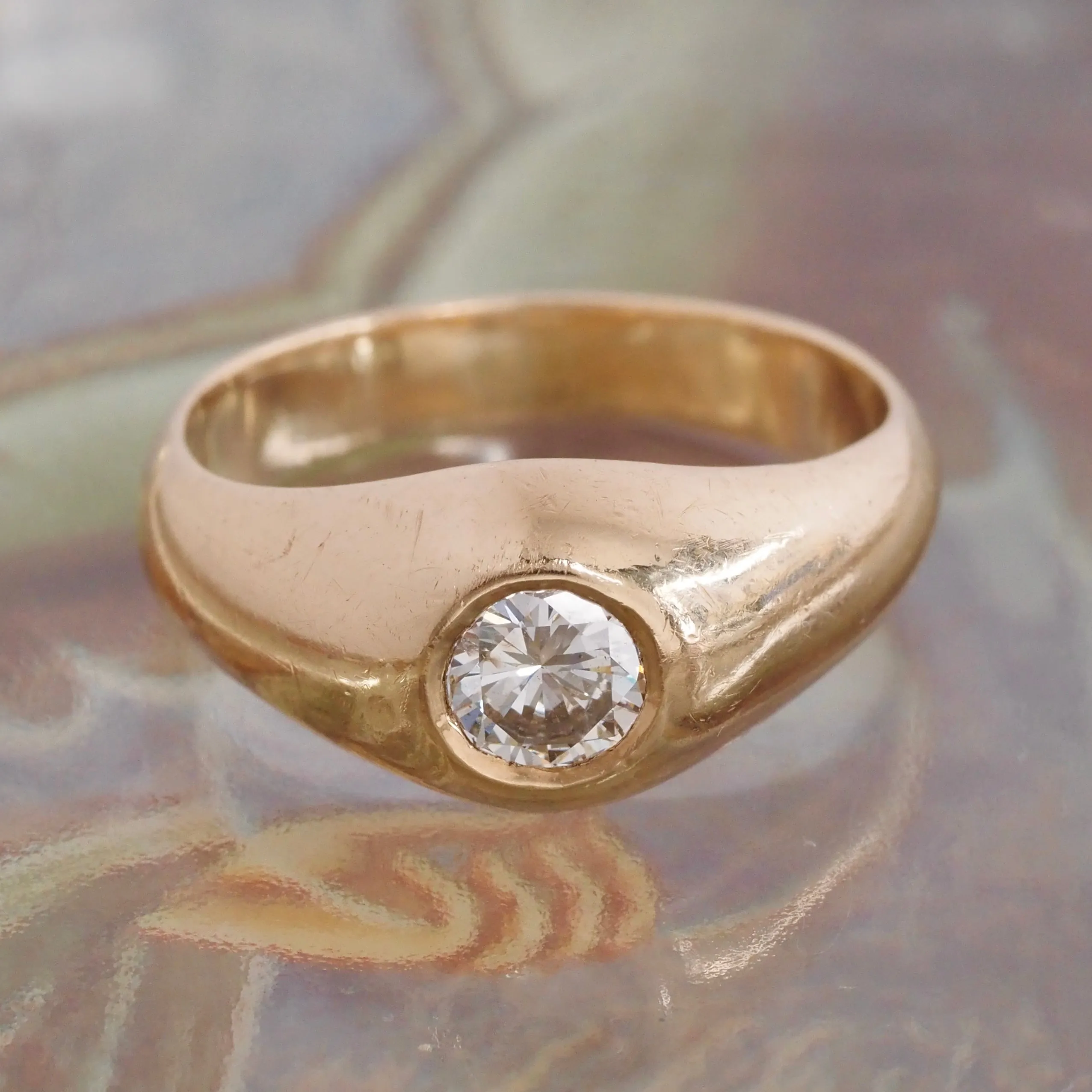 Vintage Flush Set Early Modern Brilliant Transitional Diamond 14k Gold Dome Engagement Ring