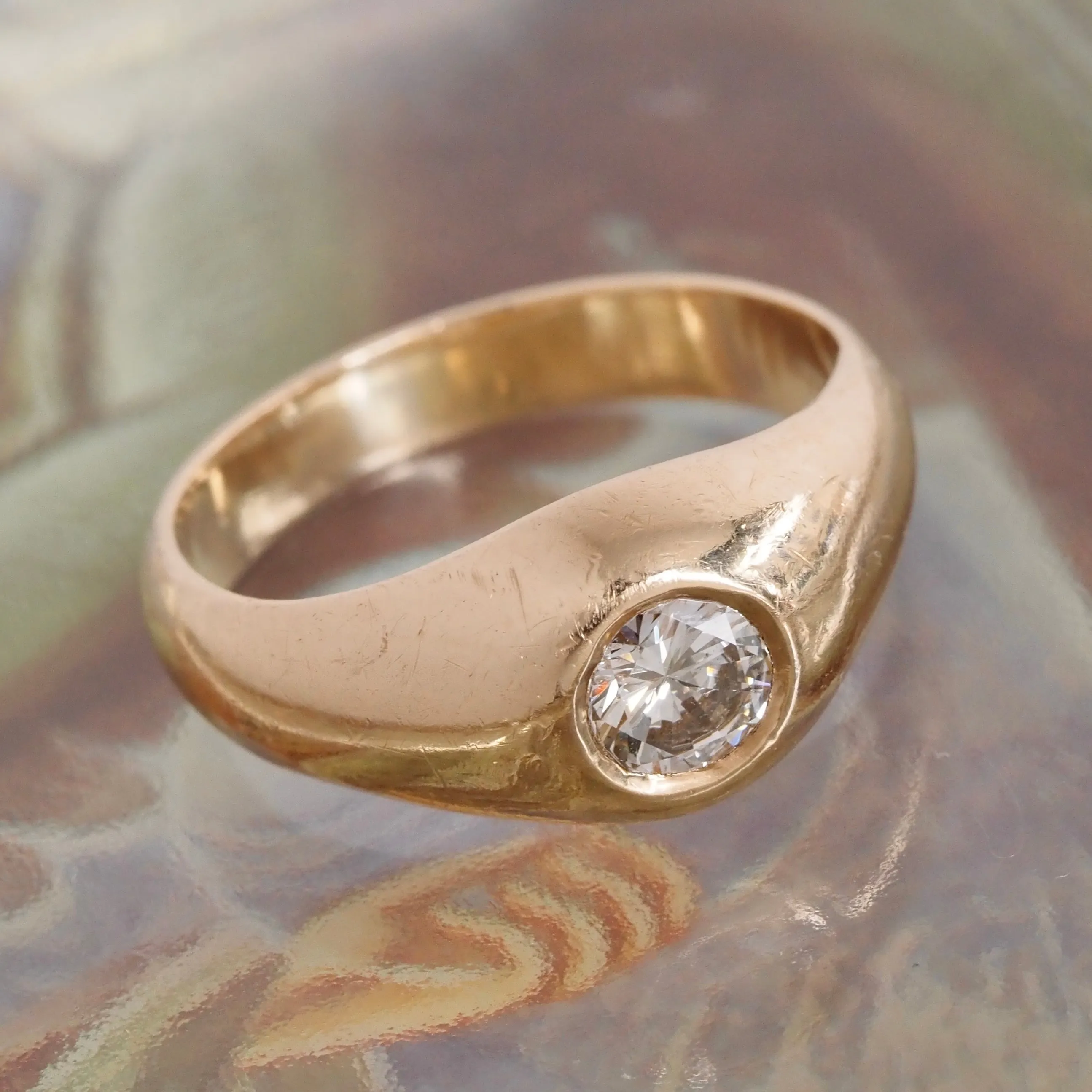 Vintage Flush Set Early Modern Brilliant Transitional Diamond 14k Gold Dome Engagement Ring