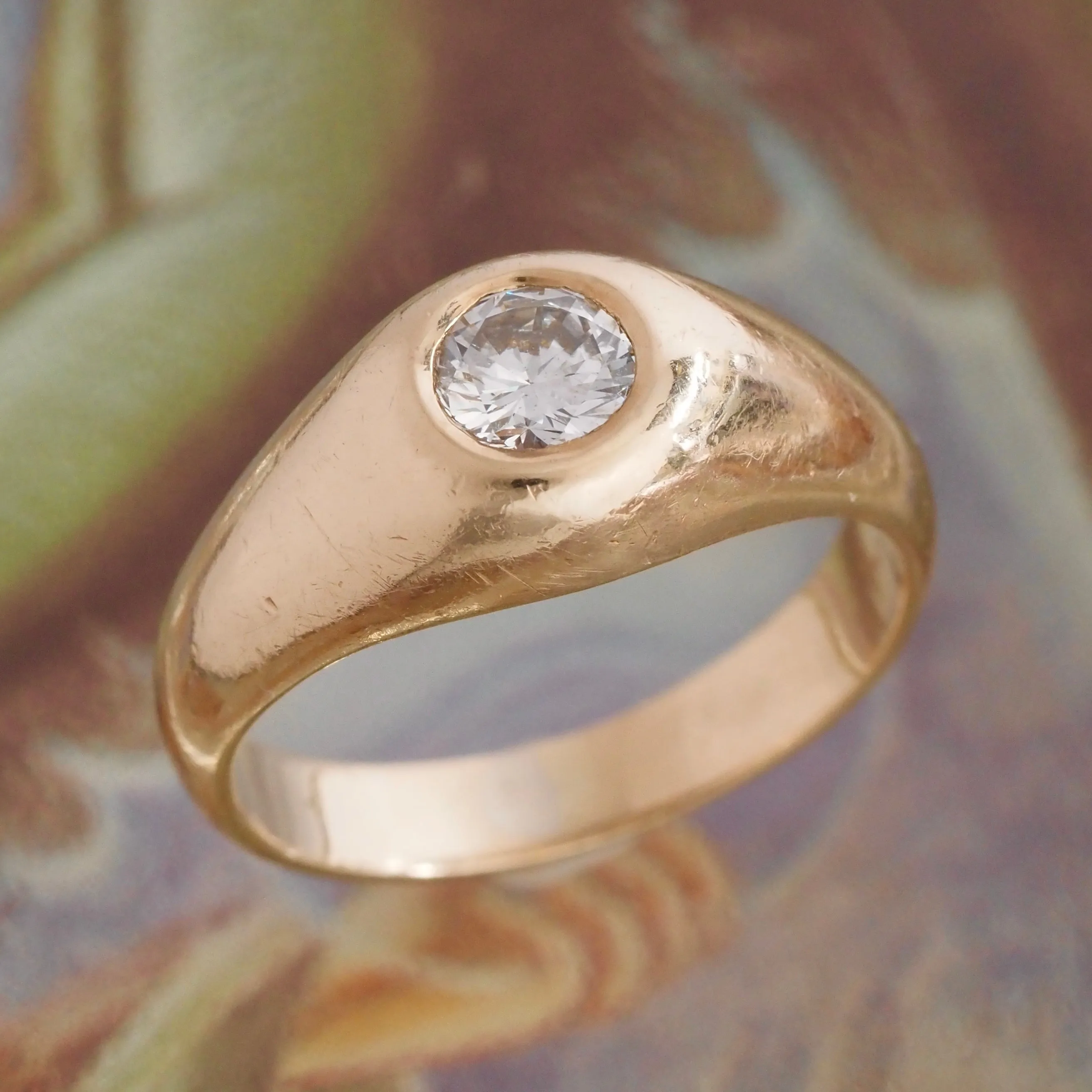 Vintage Flush Set Early Modern Brilliant Transitional Diamond 14k Gold Dome Engagement Ring