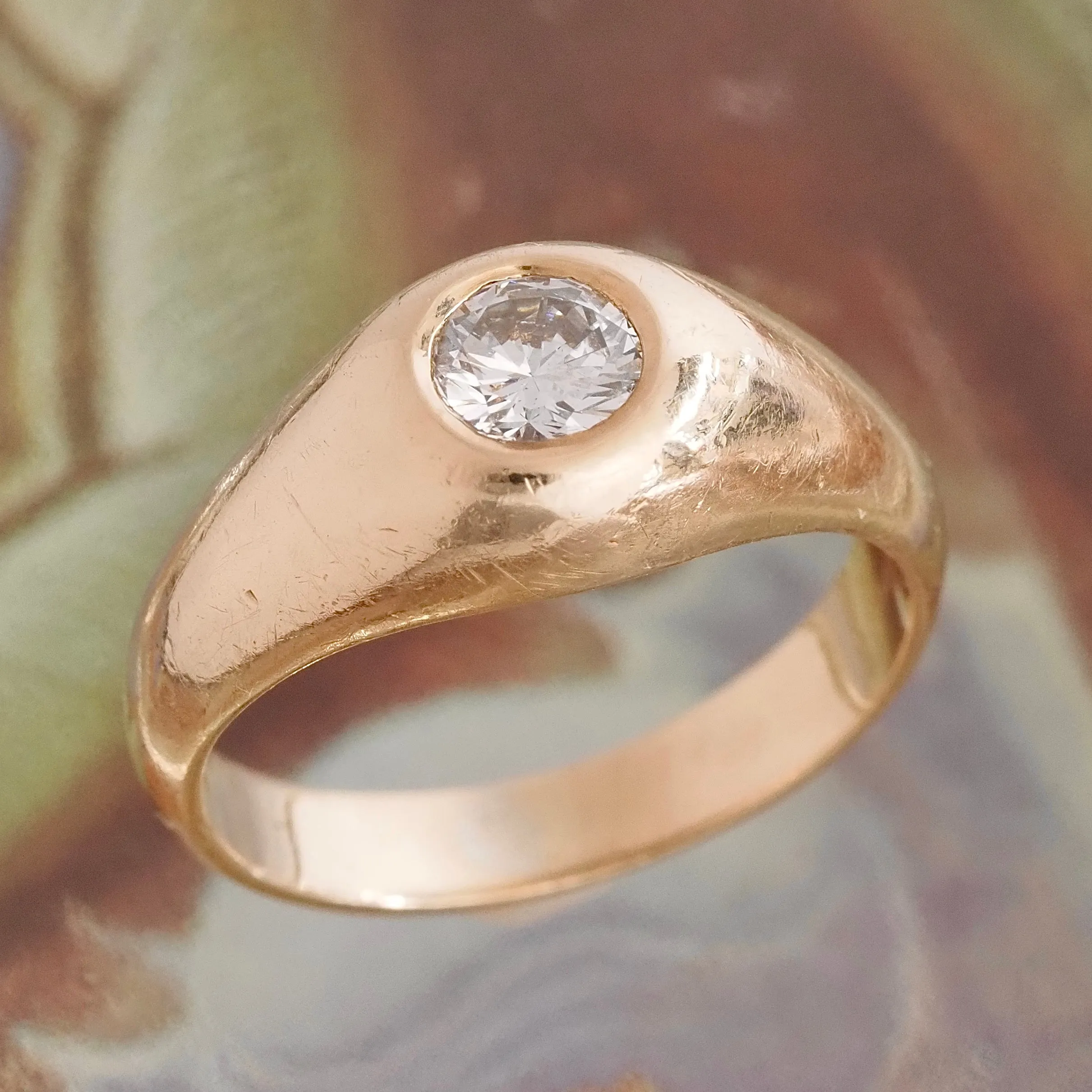 Vintage Flush Set Early Modern Brilliant Transitional Diamond 14k Gold Dome Engagement Ring