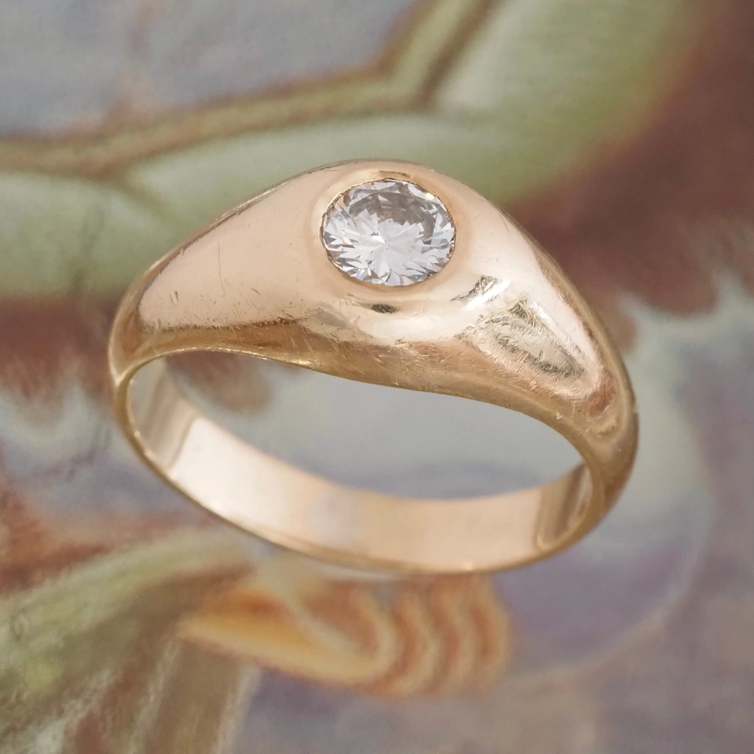 Vintage Flush Set Early Modern Brilliant Transitional Diamond 14k Gold Dome Engagement Ring
