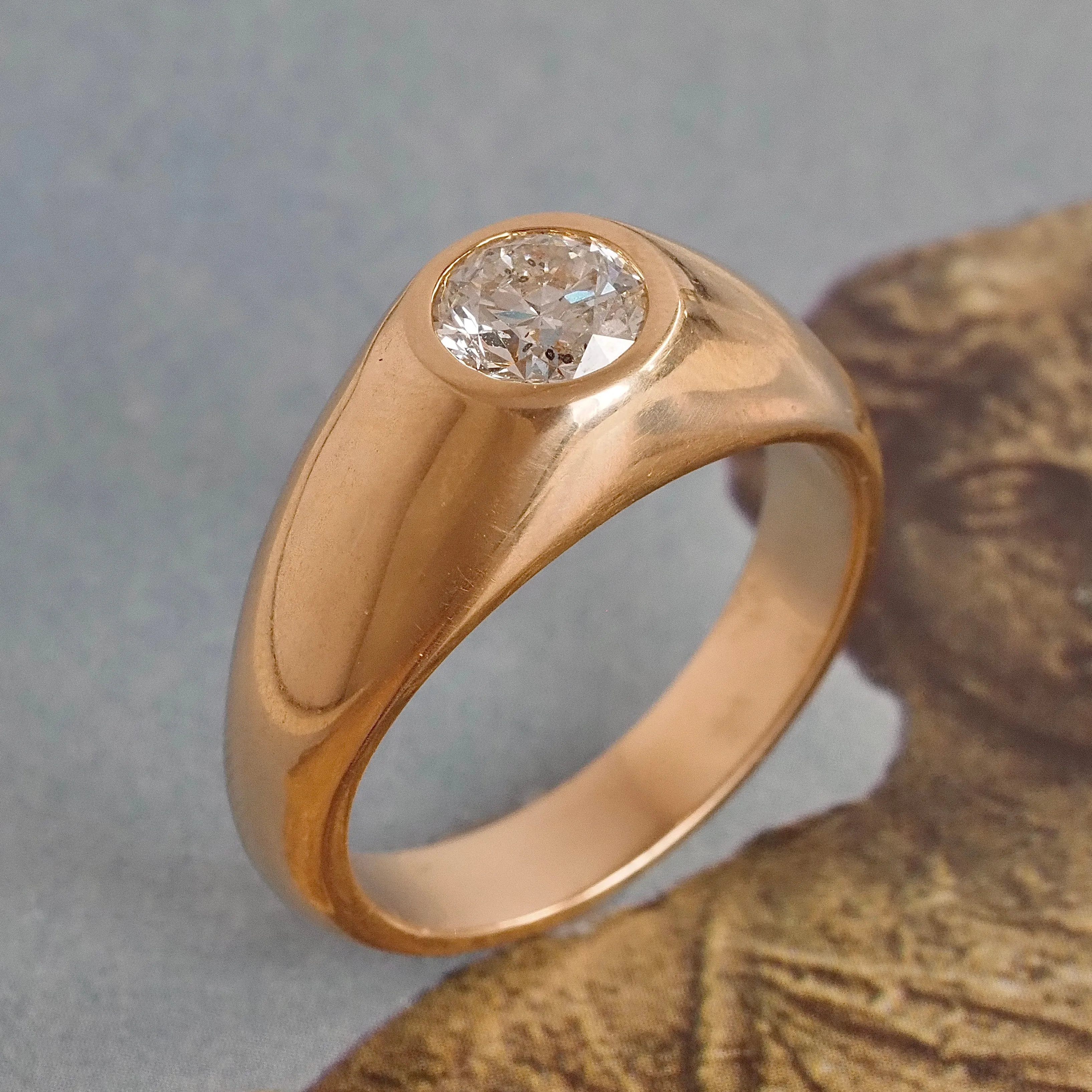 Vintage Flush Set Round Brilliant Cut Diamond Dome Engagement Ring