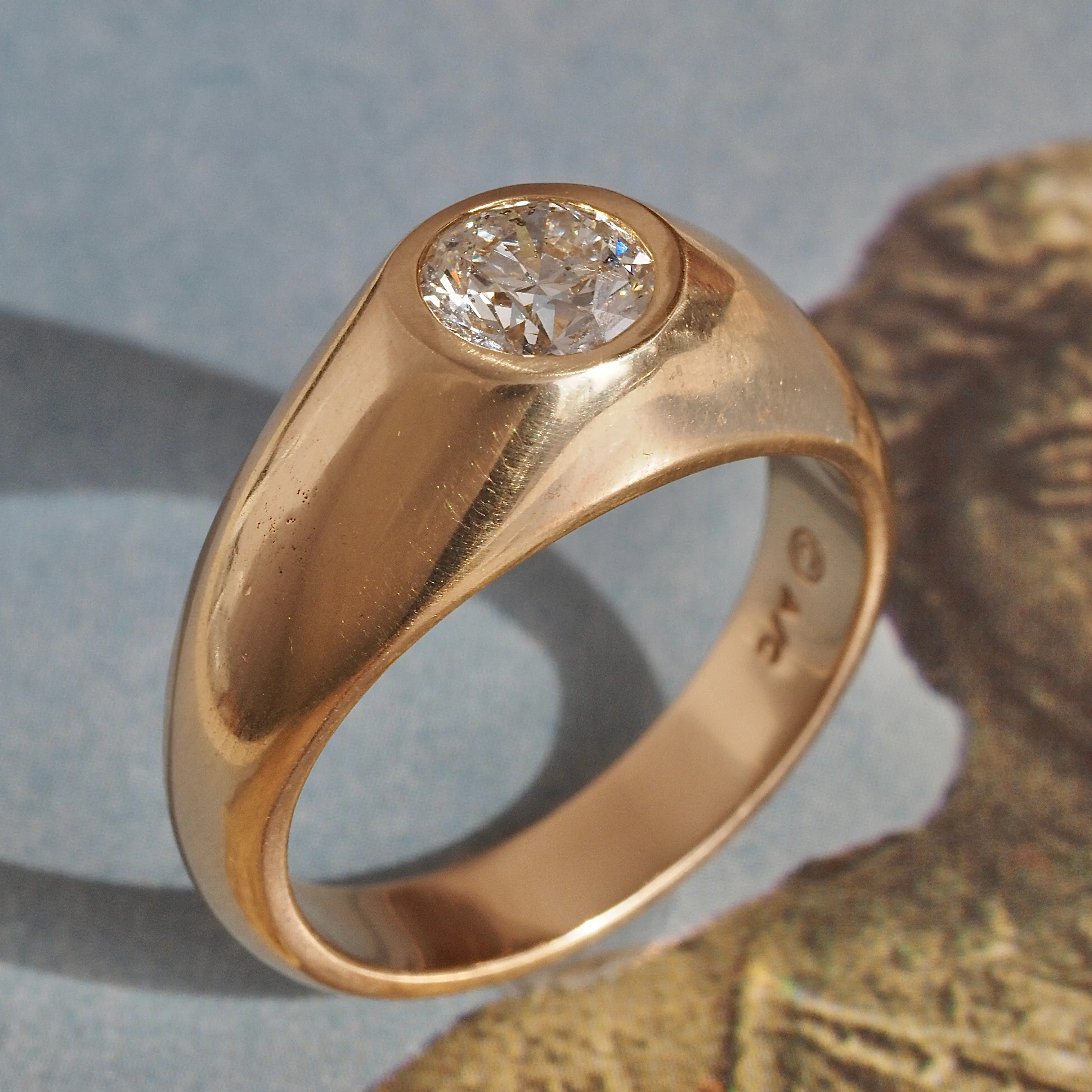 Vintage Flush Set Round Brilliant Cut Diamond Dome Engagement Ring