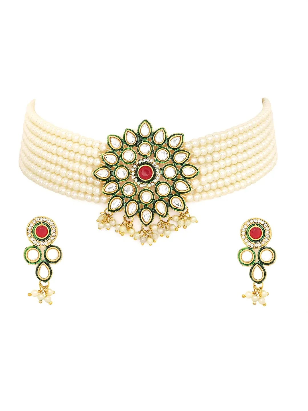 Yellow Chimes Kundan Jewellery Set for Women Multilayed Pearl Choker Necklace Set Gold Plated Traditional Necklace Set for Women and Girls.