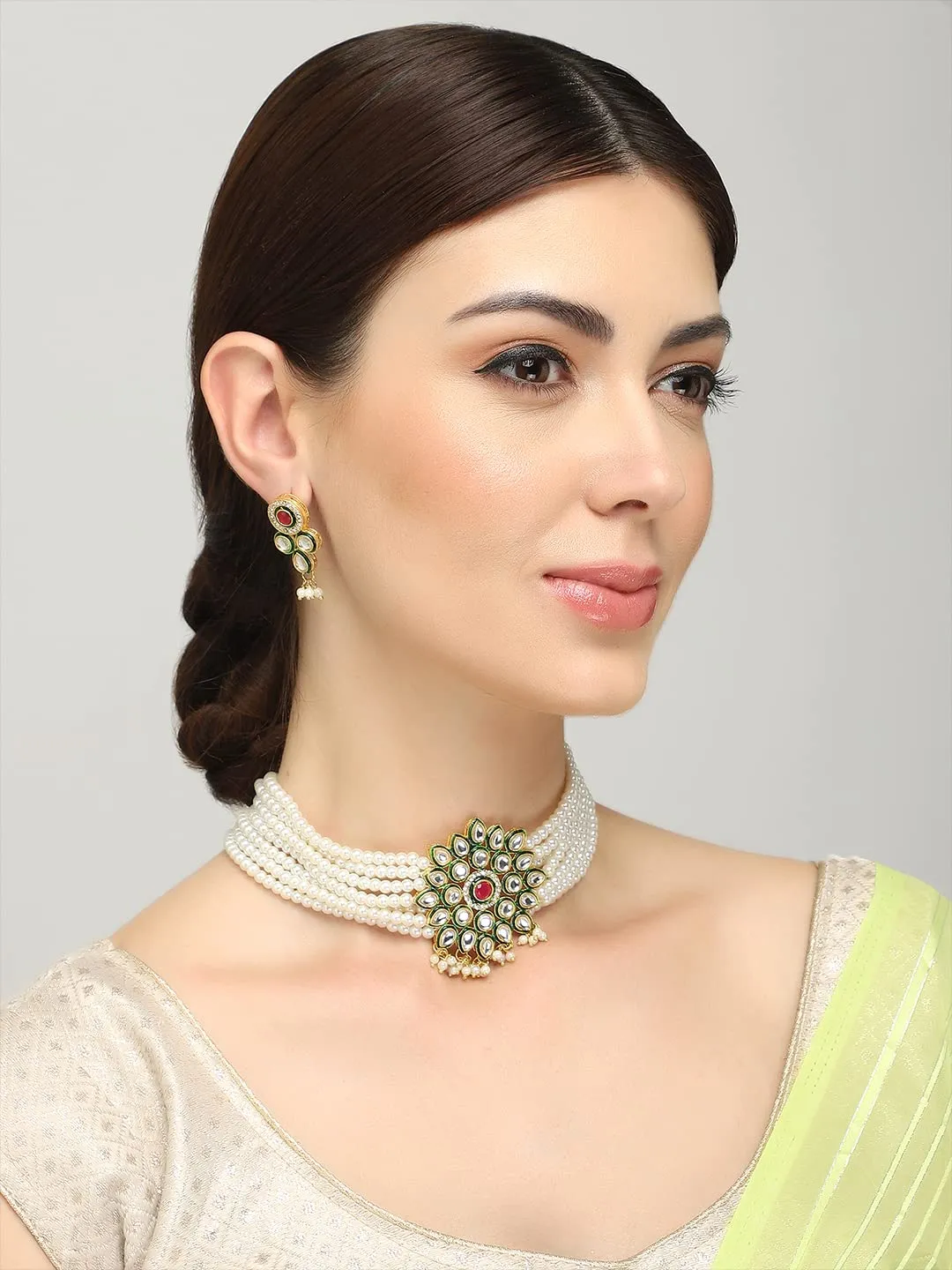 Yellow Chimes Kundan Jewellery Set for Women Multilayed Pearl Choker Necklace Set Gold Plated Traditional Necklace Set for Women and Girls.