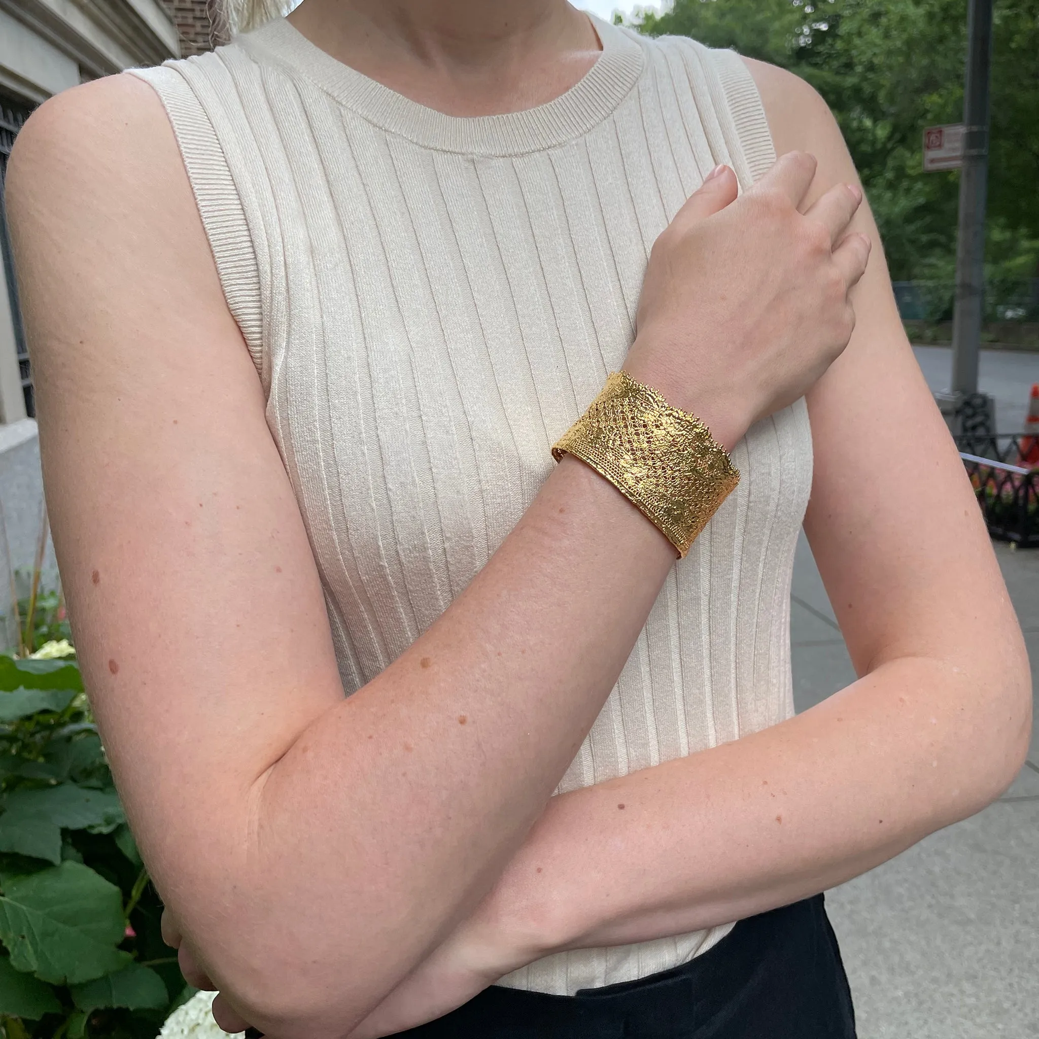 Yvette - Intricate Lace Cuff Bracelet in 24k gold
