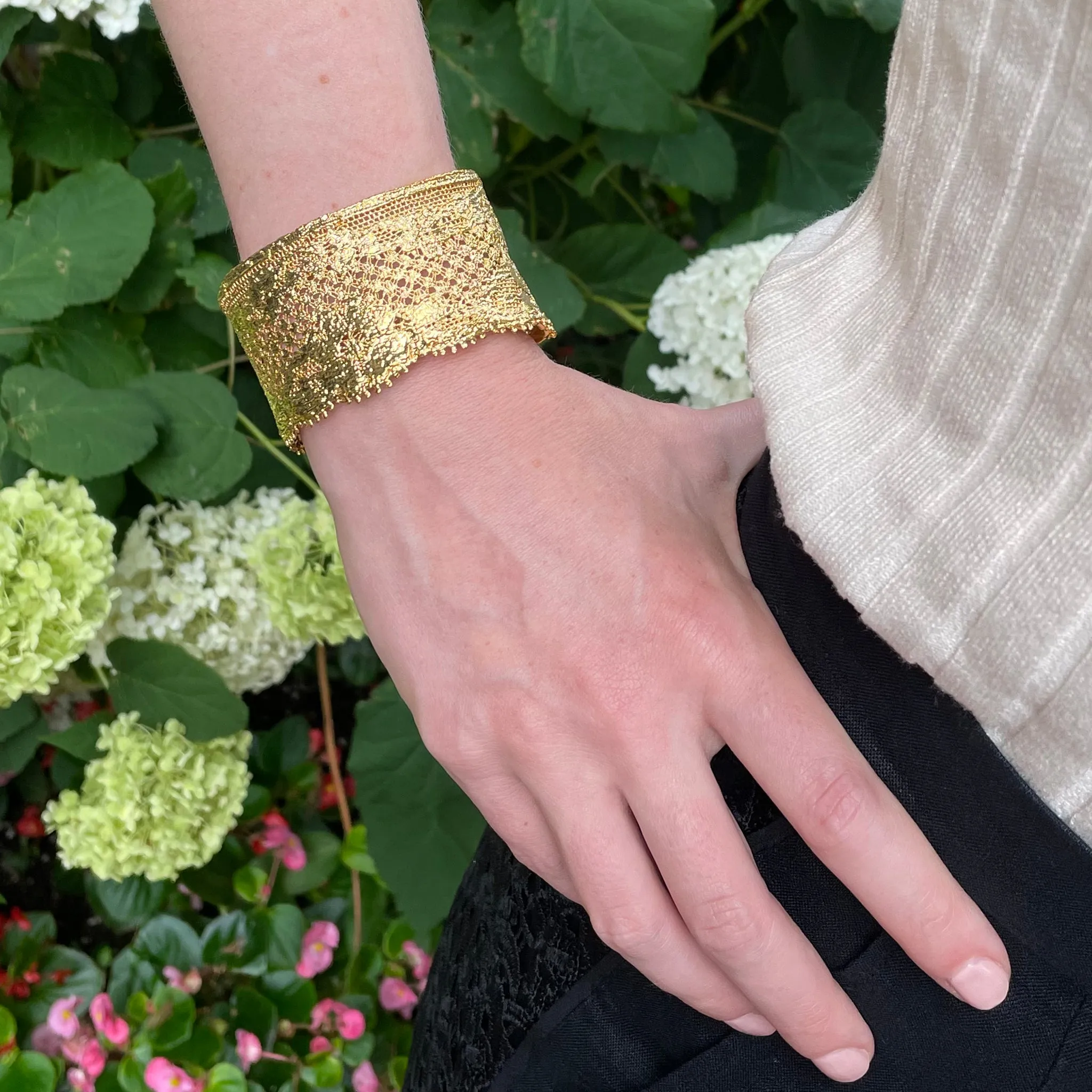Yvette - Intricate Lace Cuff Bracelet in 24k gold