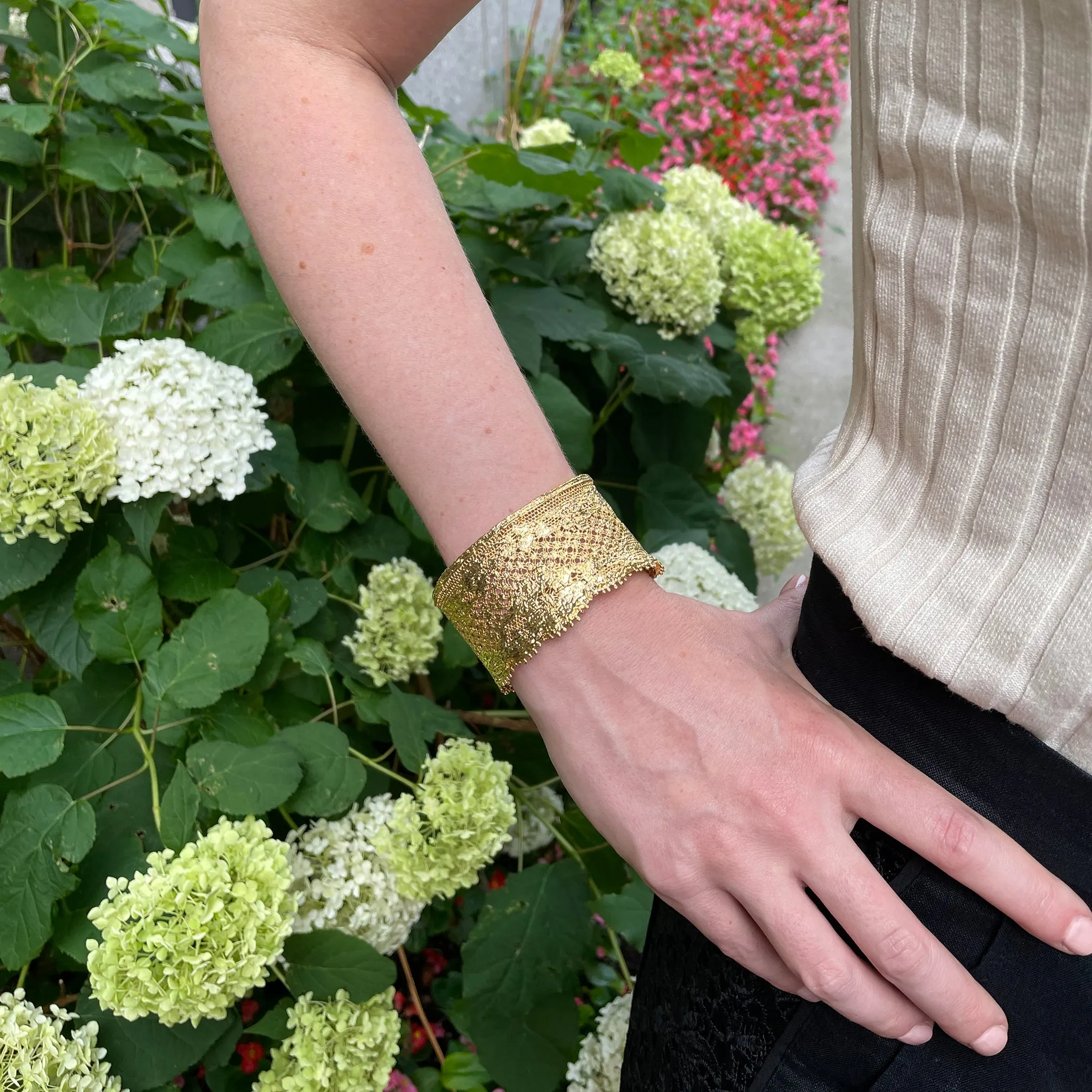 Yvette - Intricate Lace Cuff Bracelet in 24k gold